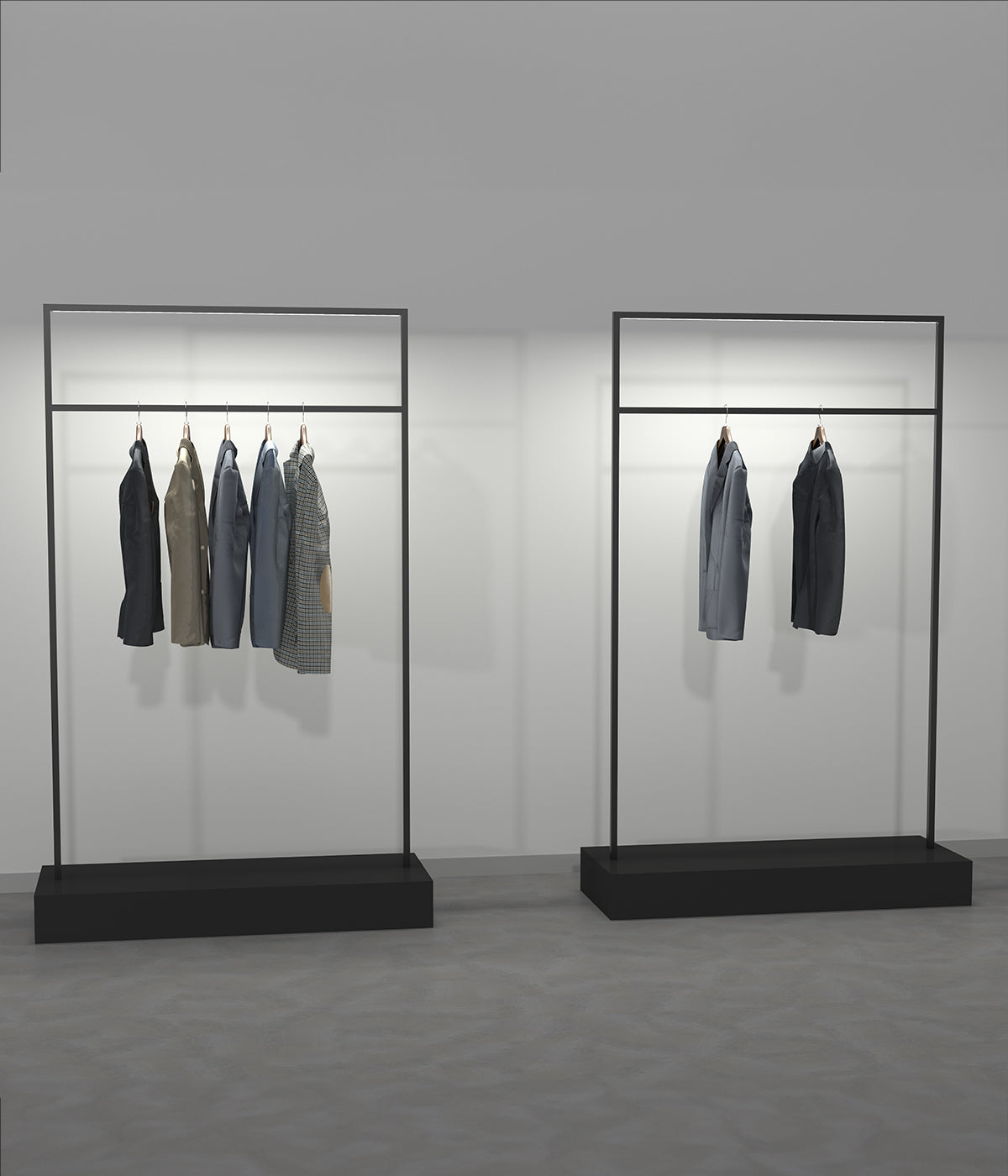 頑丈なベース付きのモダンな金属製ハンガーラック - ブティック、メゾン、アパレルショップに最適