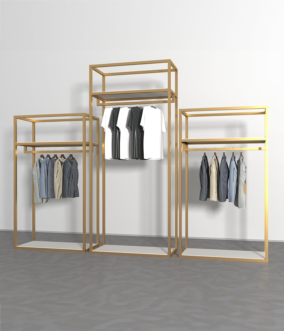 多機能デザインのモダンなハンガーラック - 棚とシューズ収納スペース付き、ブティックやアパレルショップに最適