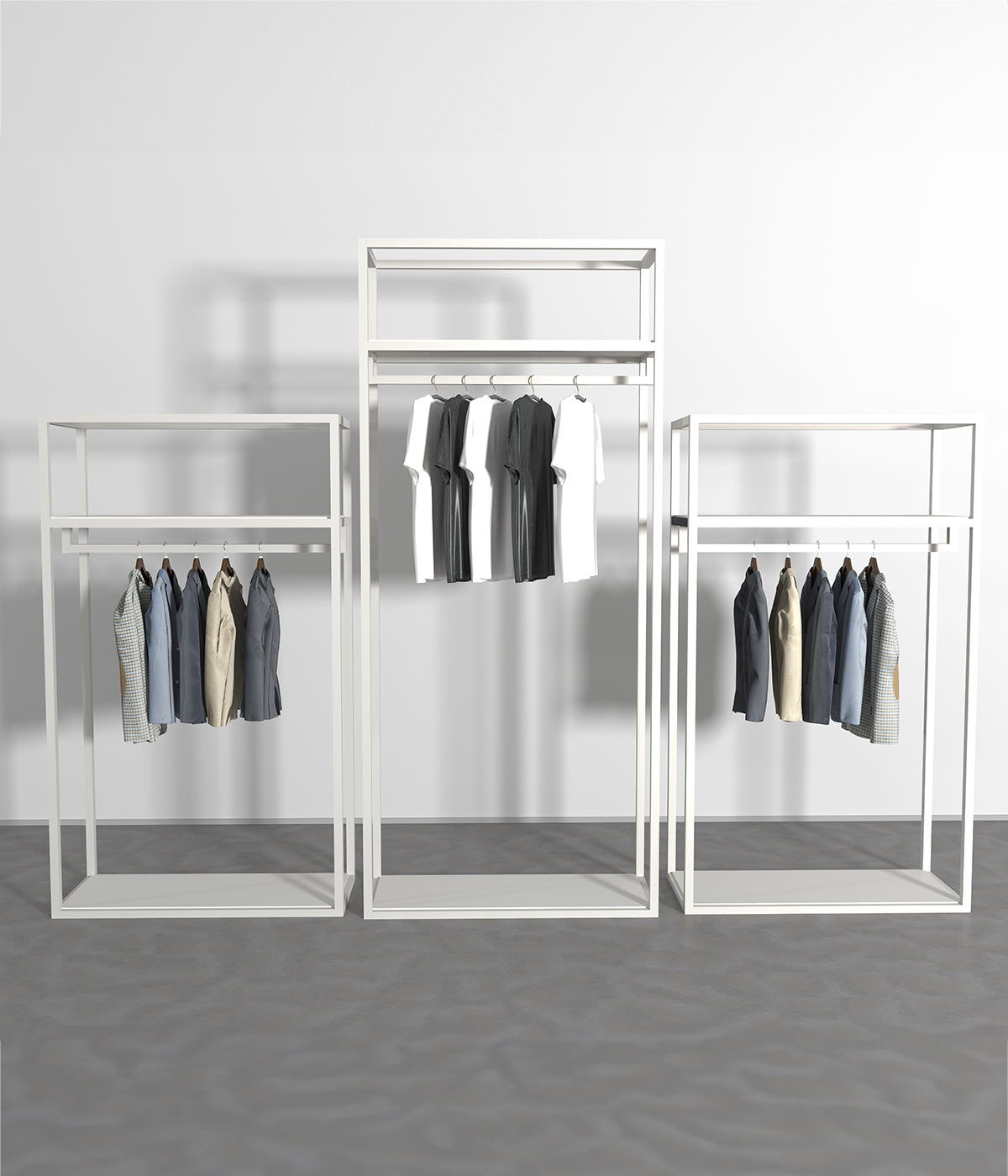 多機能デザインのモダンなハンガーラック - 棚とシューズ収納スペース付き、ブティックやアパレルショップに最適