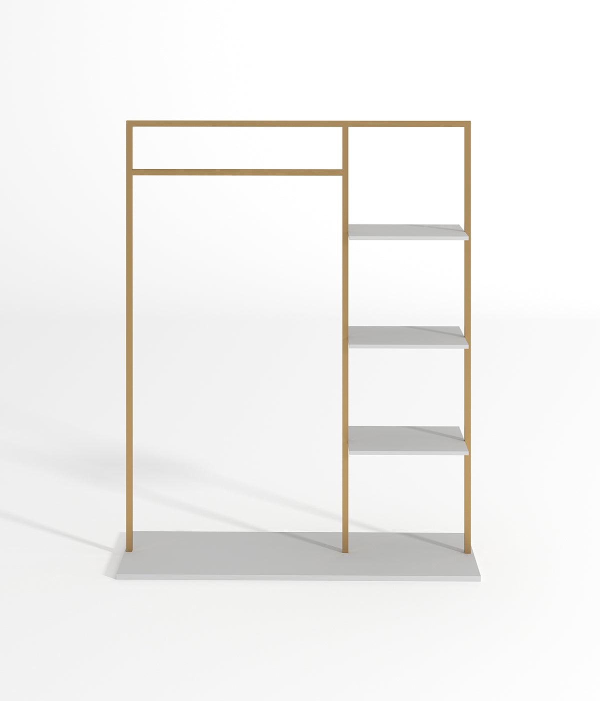 サイドシェルフ付きのミニマルな金属フレームハンガーラック - ブティック、メゾン、アパレルショップに最適