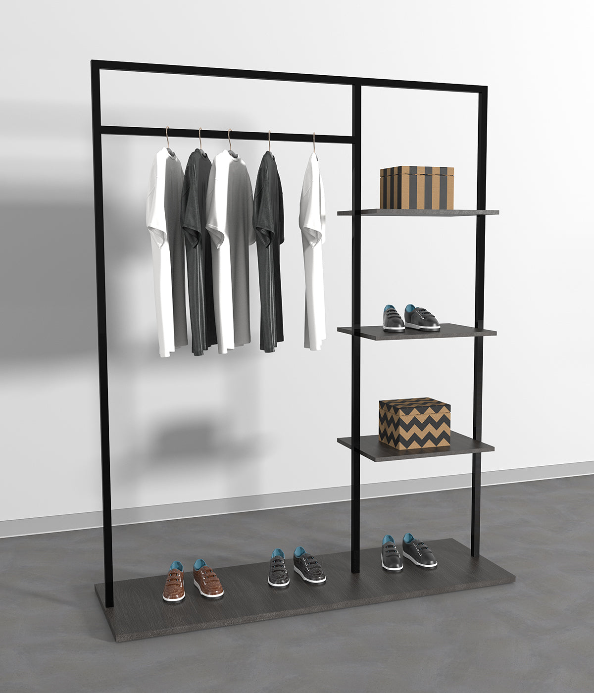 サイドシェルフ付きのミニマルな金属フレームハンガーラック - ブティック、メゾン、アパレルショップに最適