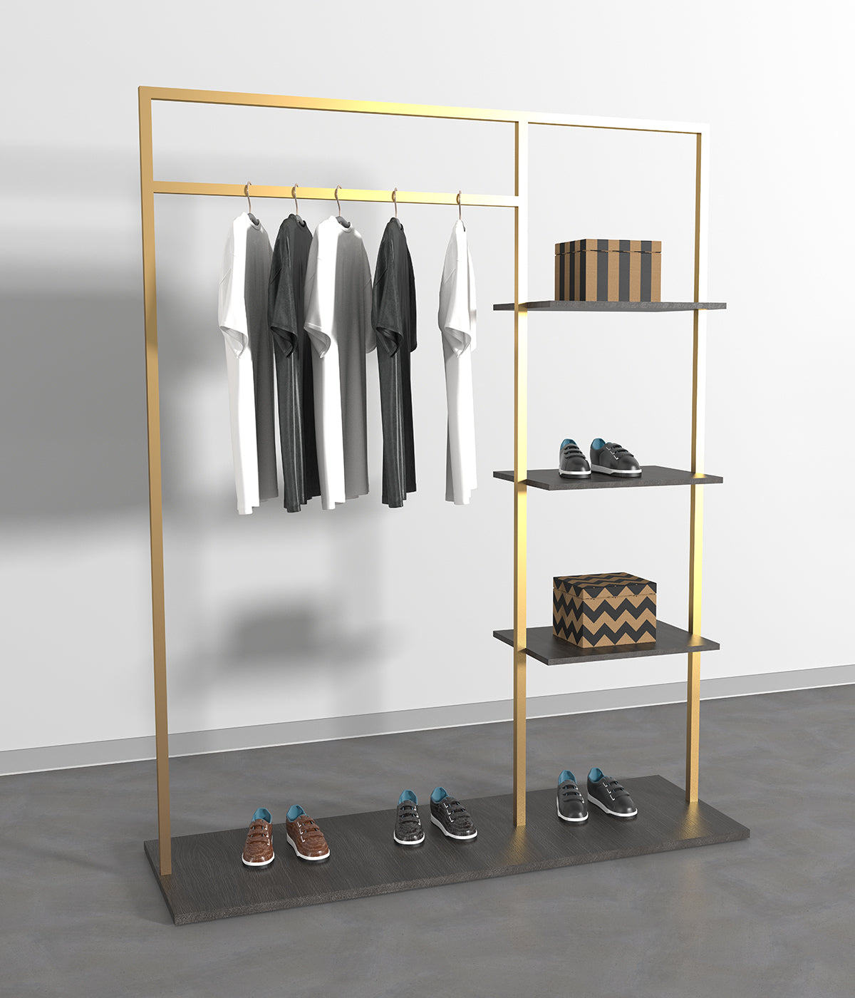 サイドシェルフ付きのミニマルな金属フレームハンガーラック - ブティック、メゾン、アパレルショップに最適