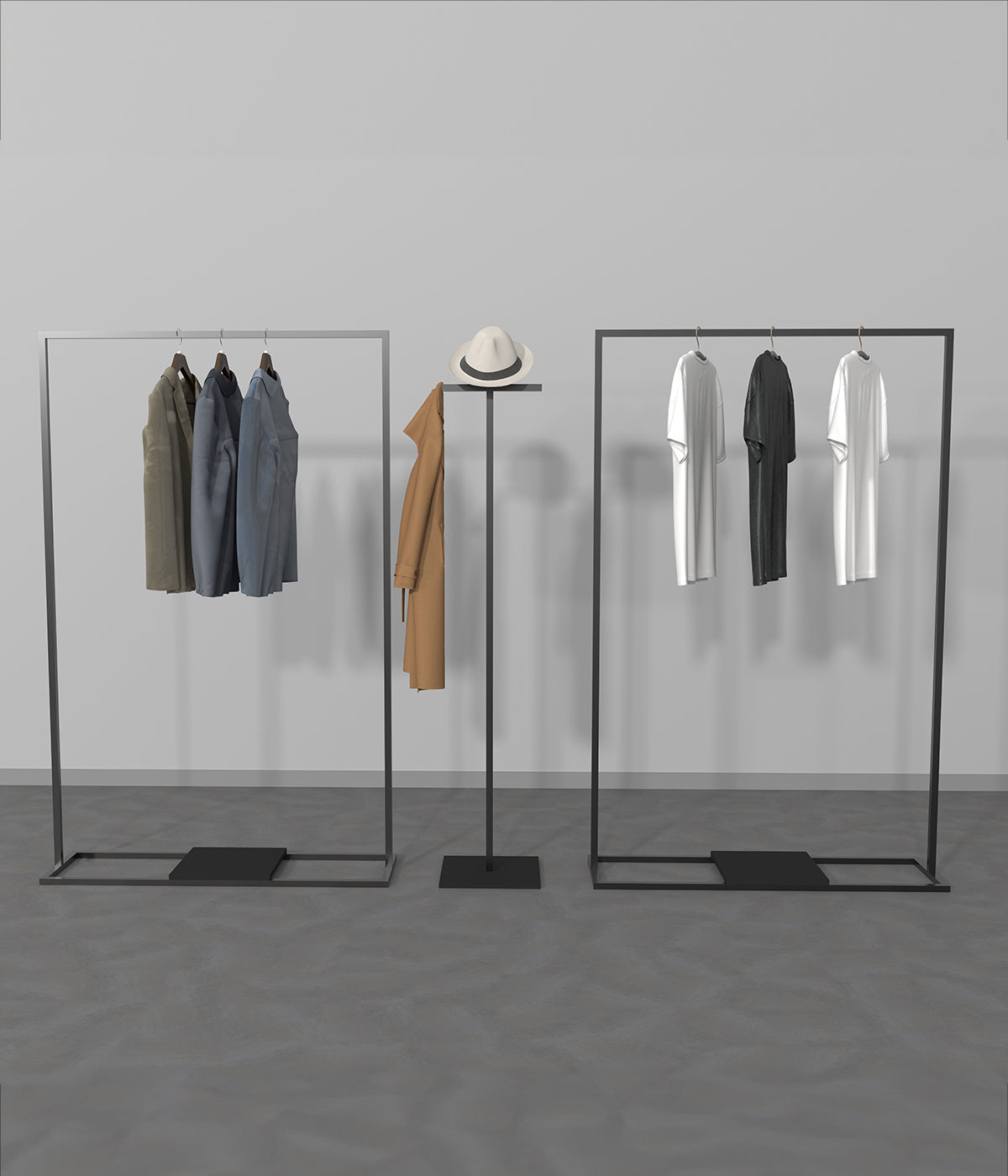 ミニマルな金属フレームのモダンなハンガーラック&帽子スタンド - ブティック、メゾン、アパレルショップに最適