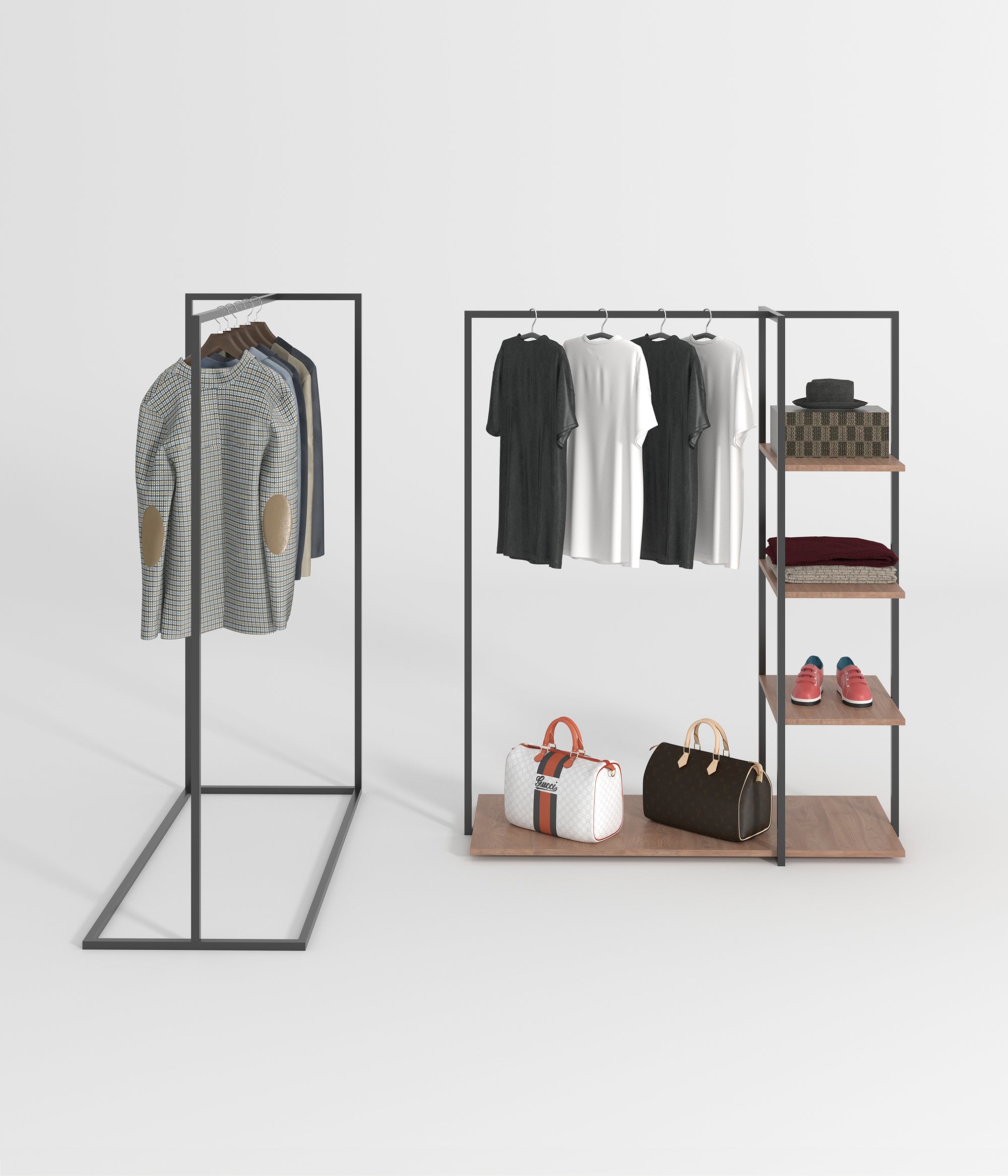 サイドシェルフ付きのミニマルな金属フレームハンガーラック - ブティック、メゾン、アパレルショップに最適