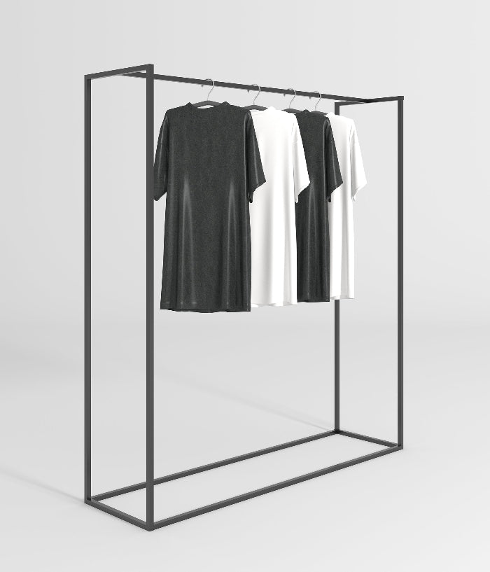 ミニマルな金属フレームと広告ボード付きのモダンなハンガーラック - ブティック、メゾン、アパレルショップに最適