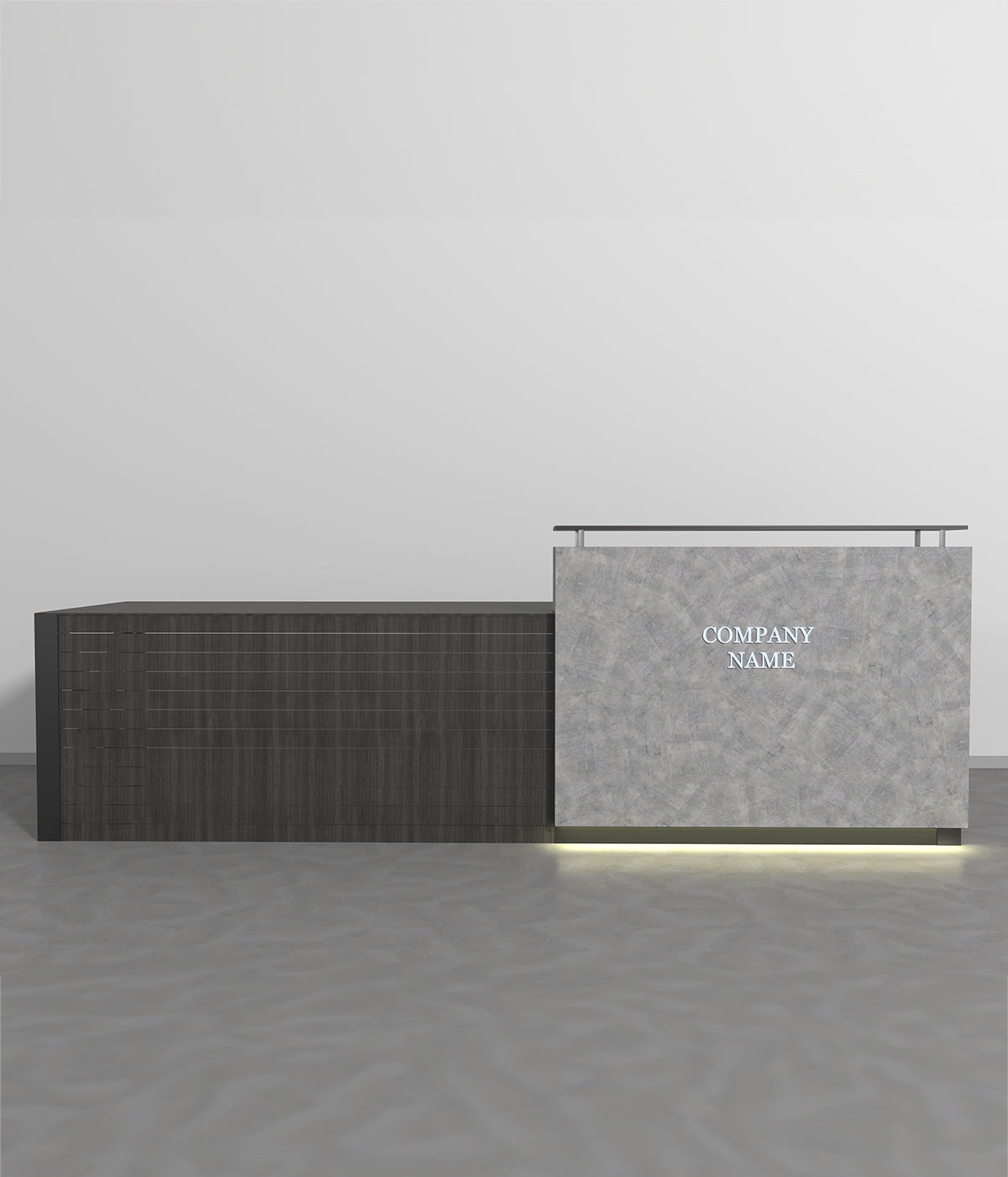 独特なデザインと間接照明付きのモダンなレセプションカウンター - ブティック、メゾン、高級商業スペースに最適