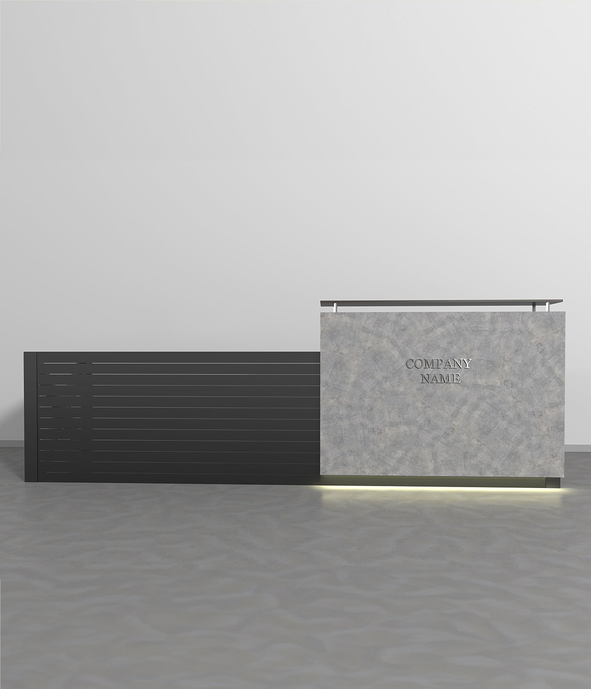 独特なデザインと間接照明付きのモダンなレセプションカウンター - ブティック、メゾン、高級商業スペースに最適