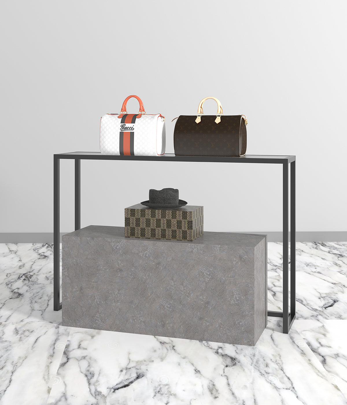 ミニマルデザインのモダンな金属フレームテーブル - ブティック、メゾン、商業スペースに最適