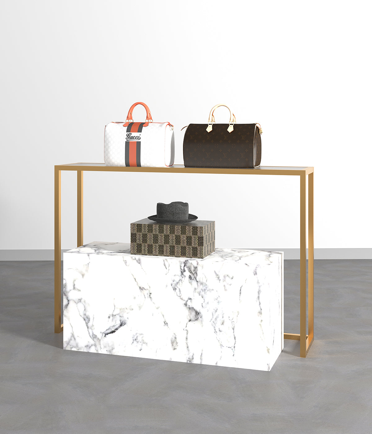 ミニマルデザインのモダンな金属フレームテーブル - ブティック、メゾン、商業スペースに最適