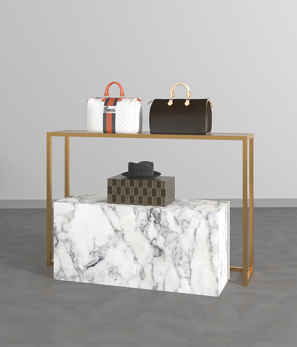 ミニマルデザインのモダンな金属フレームテーブル - ブティック、メゾン、商業スペースに最適