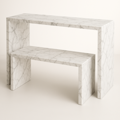 大理石調のベンチ単体の正面商品画像(白マーブル調)
