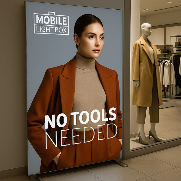 モバイルライトボックスを設置したアパレル店舗ディスプレイ レディースファッション向け縦型販促サイン