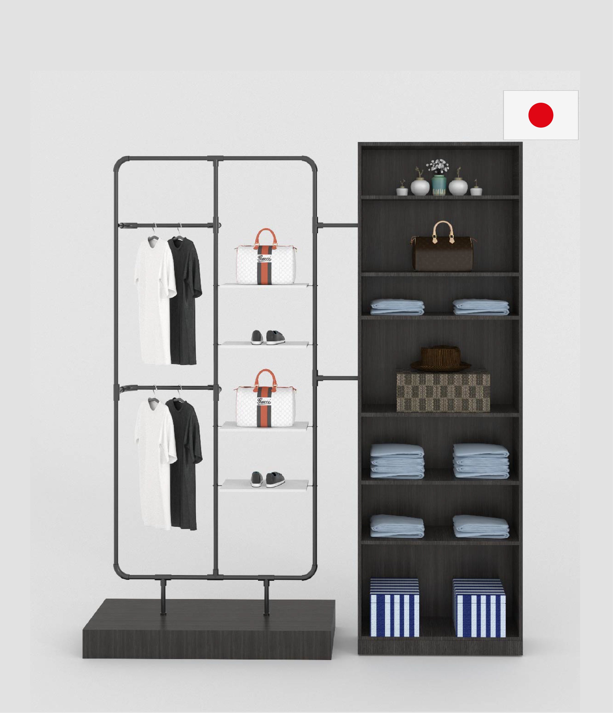 ハンガーラックと収納シェルフを連結したアパレル店舗向けディスプレイシステム什器