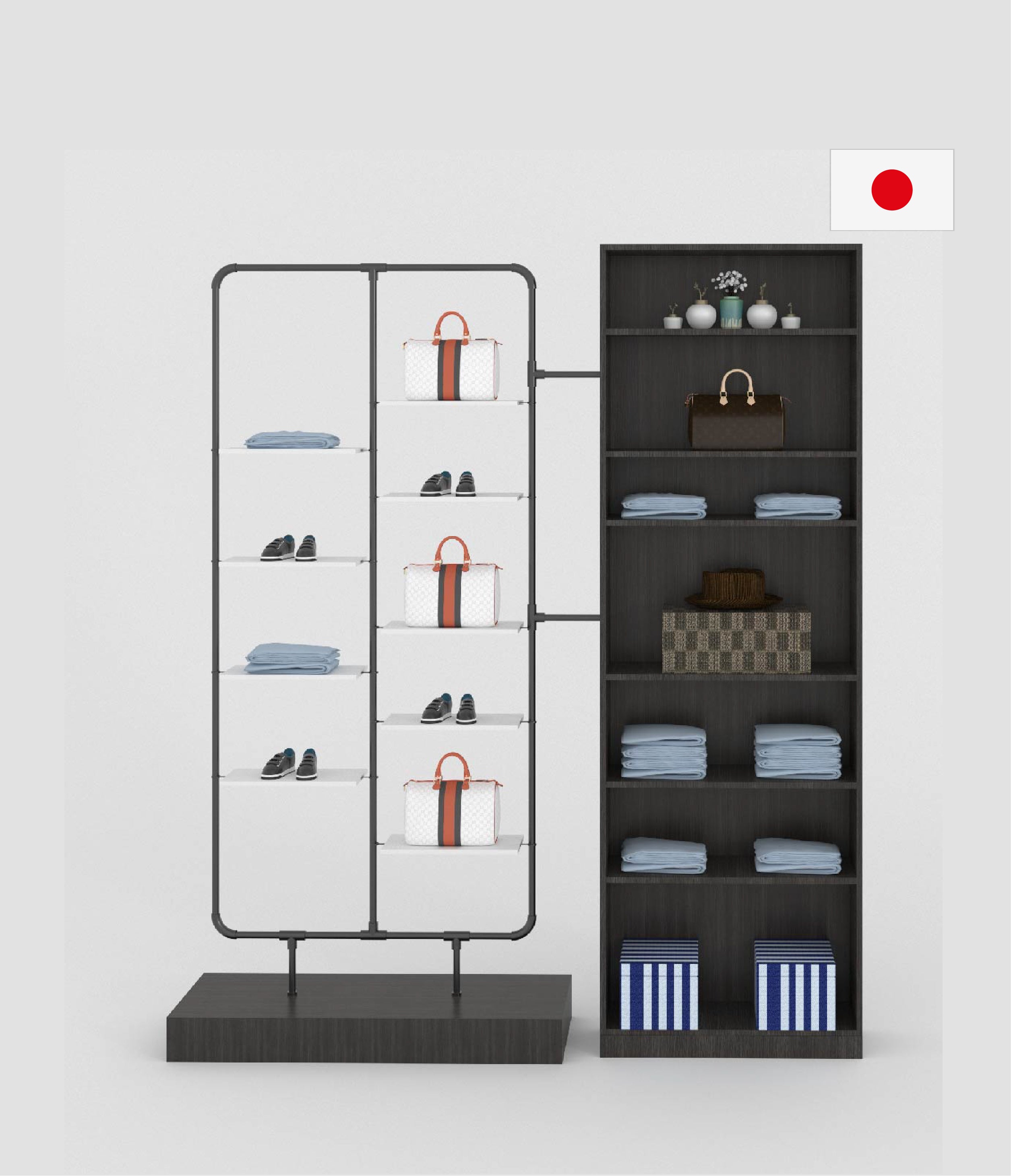 ハンガーラックと収納シェルフを連結したアパレル店舗向けディスプレイシステム什器