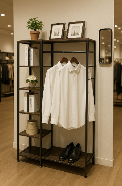 多機能シェルフ付きハンガーラックにシャツや雑貨を飾ったショップディスプレイ