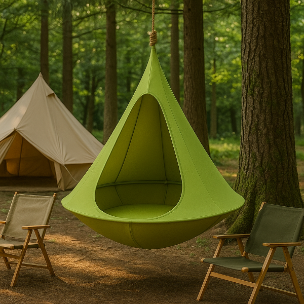 緑色のスイングチェアが森の中に吊り下げられている様子