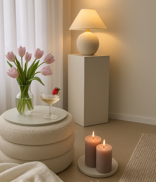 花瓶とキャンドルを飾ったアイボリーカラーの展示台