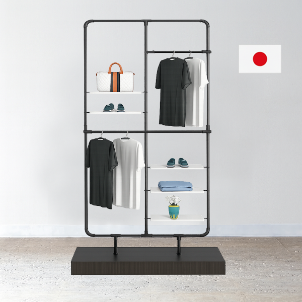 パイプフレームディスプレイラック ハンガー・棚板・バッグ展示を組み合わせたアパレル店舗向け什器