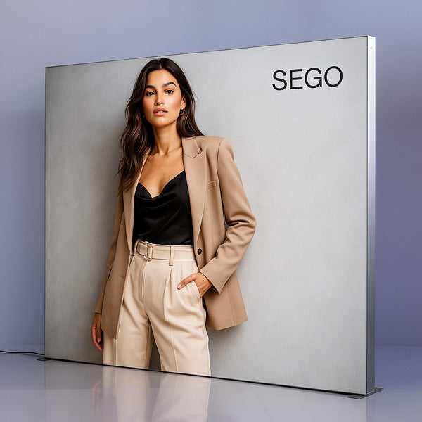 SEGOライトボックスバックパネルを使用したアパレル向け販促ディスプレイ レディースファッション広告用大型サイン
