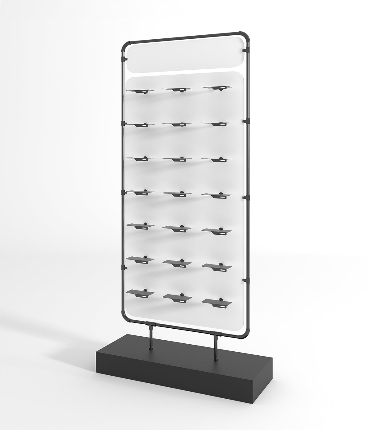 多層デザインのモダンなディスプレイスタンド - 金属フレームと木製棚付き、ブティック、メゾン、ショップに最適