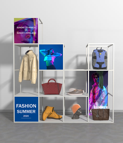 マネキンやデジタルスクリーン、バッグや靴を組み合わせて陳列したホワイトのモジュラーディスプレイ棚|店舗向け多用途什器