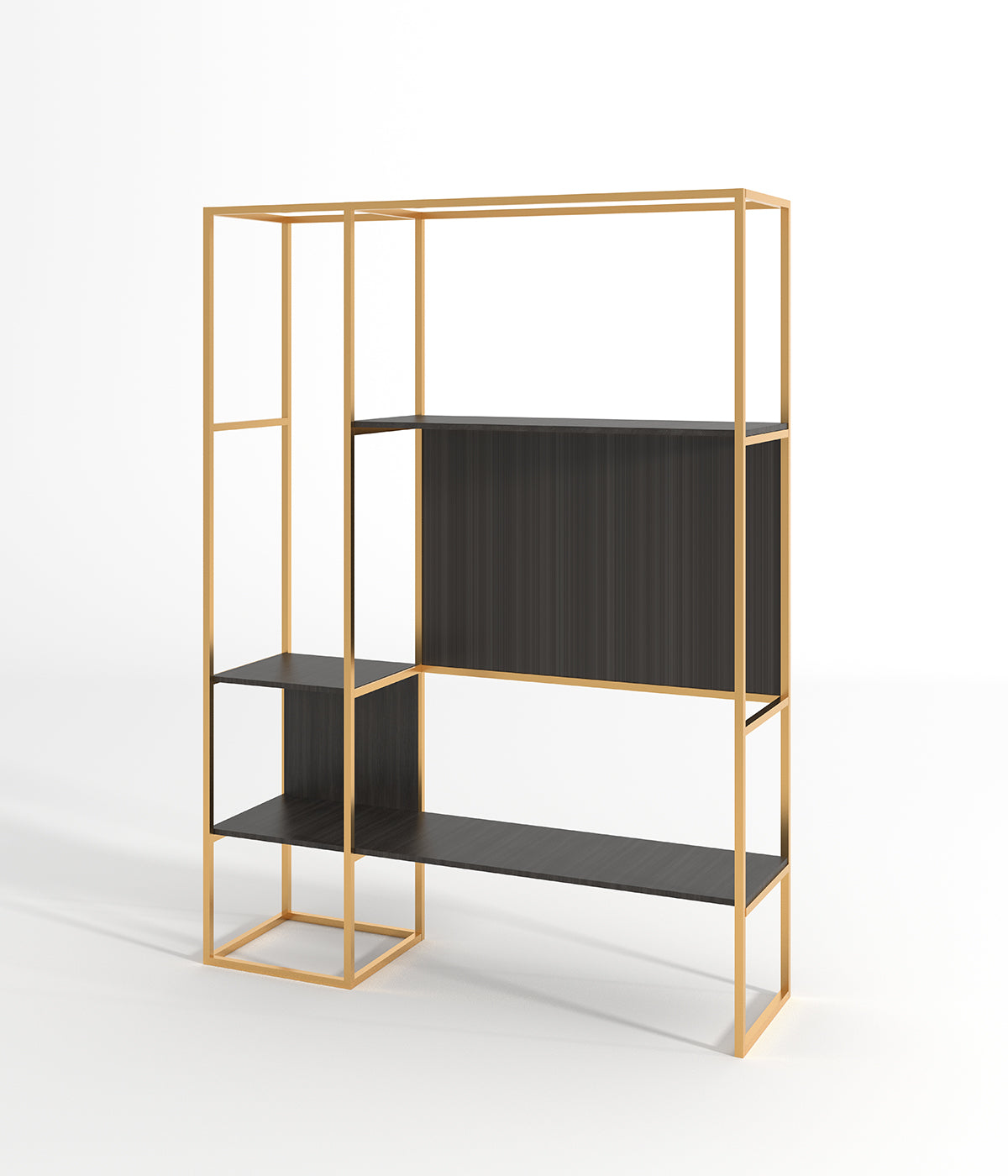 多層デザインのモダンなディスプレイスタンド - 金属フレームと木製棚付き、ブティック、メゾン、ショップに最適