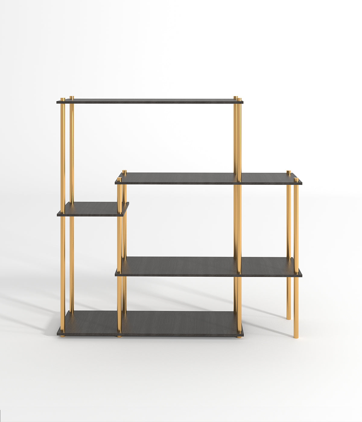 多層デザインのモダンなディスプレイスタンド - 金属フレームと木製棚付き、ブティック、メゾン、ショップに最適