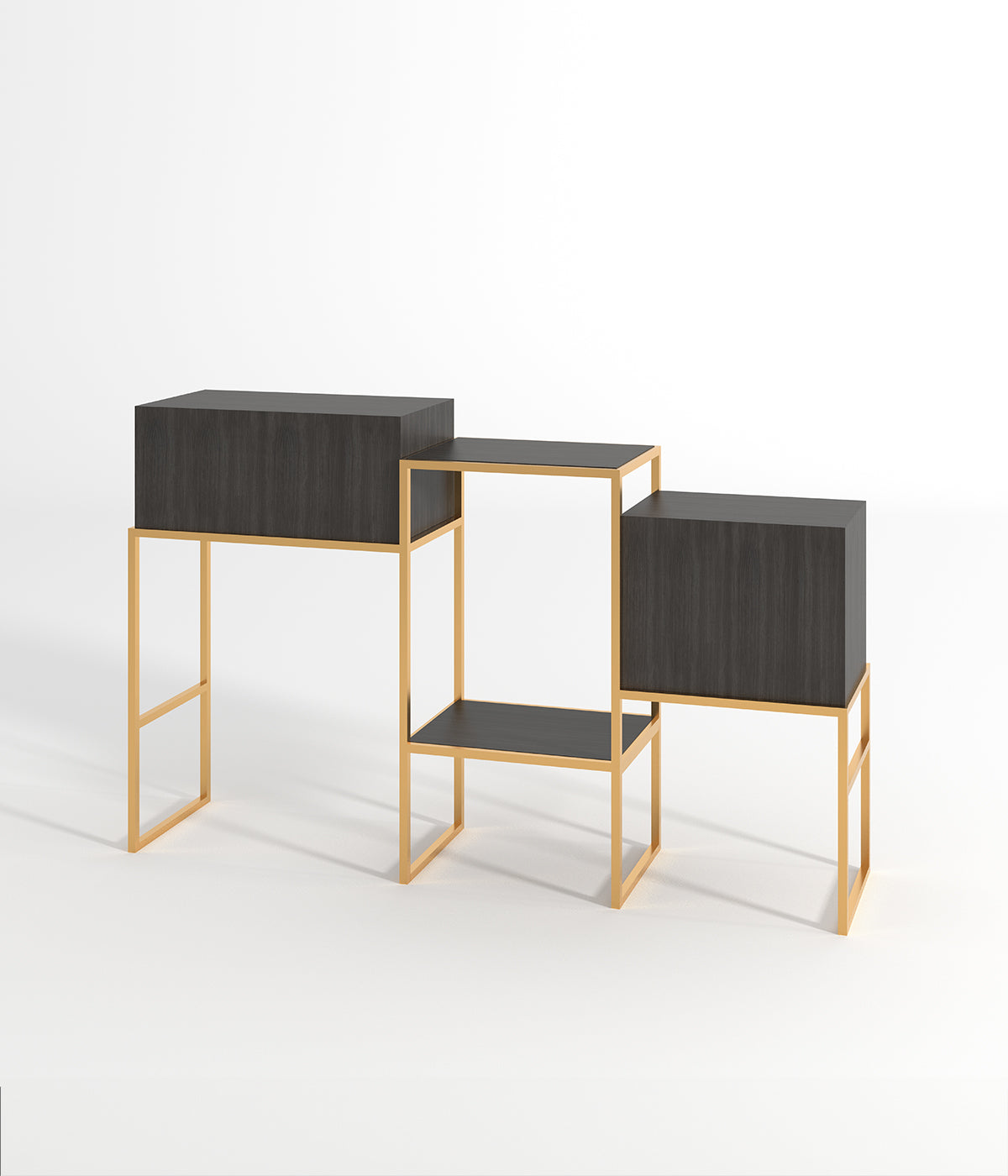 多層デザインのモダンなディスプレイスタンド - 金属フレームと木製棚付き、ブティック、メゾン、ショップに最適