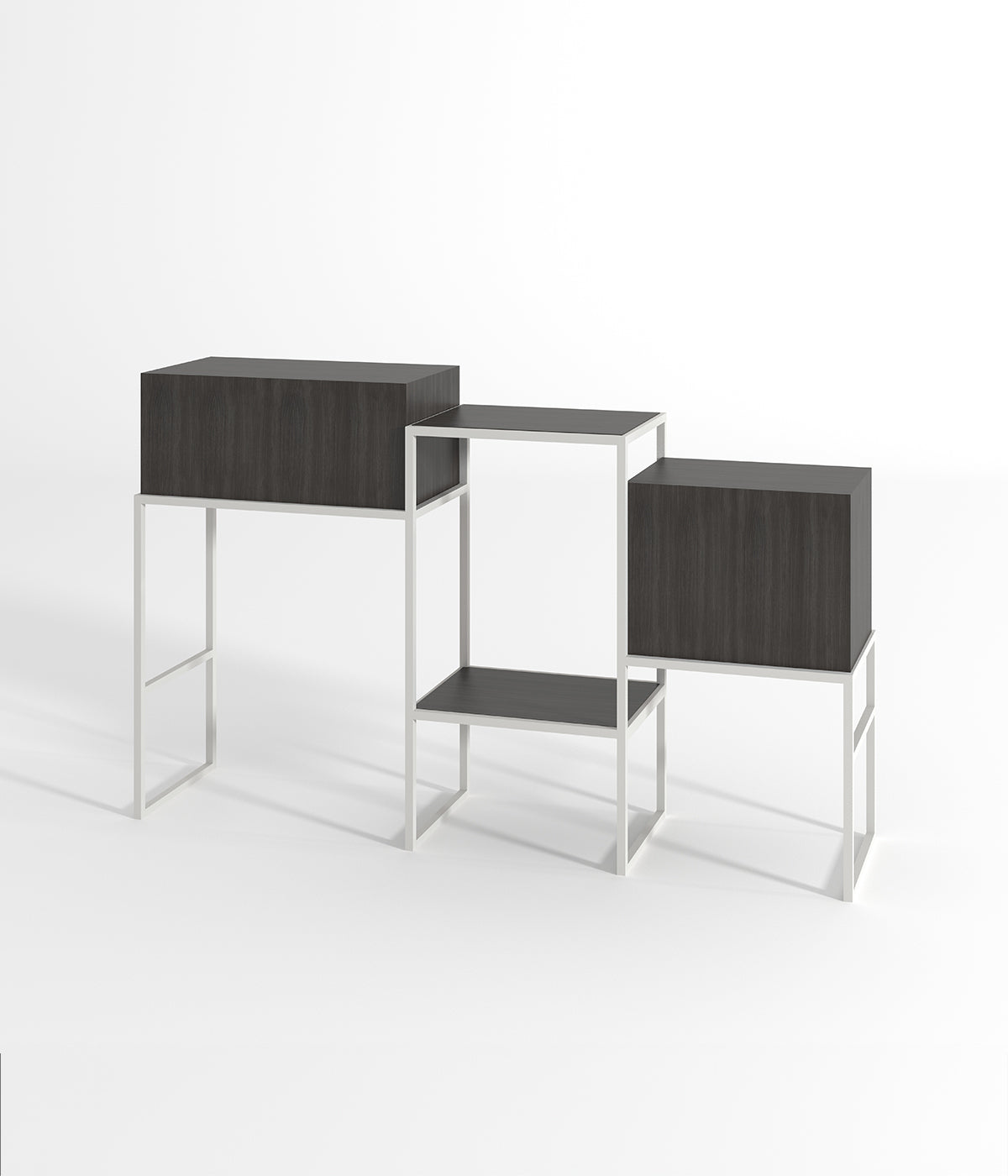 多層デザインのモダンなディスプレイスタンド - 金属フレームと木製棚付き、ブティック、メゾン、ショップに最適