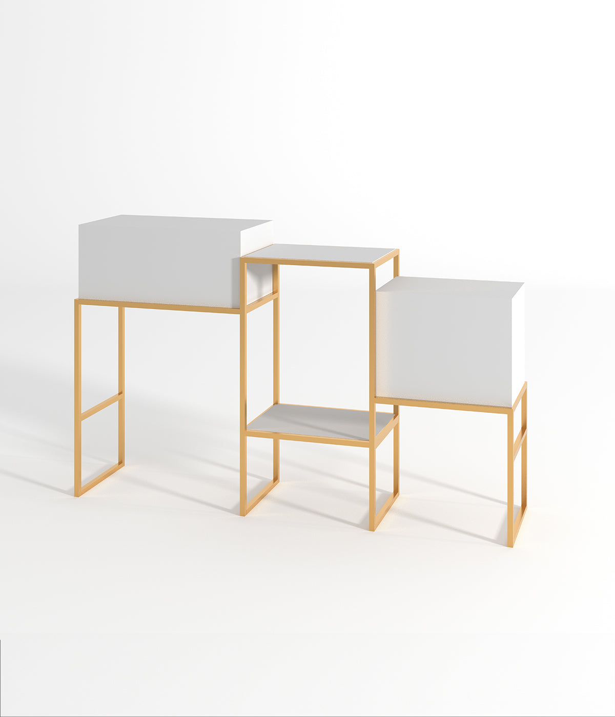 多層デザインのモダンなディスプレイスタンド - 金属フレームと木製棚付き、ブティック、メゾン、ショップに最適