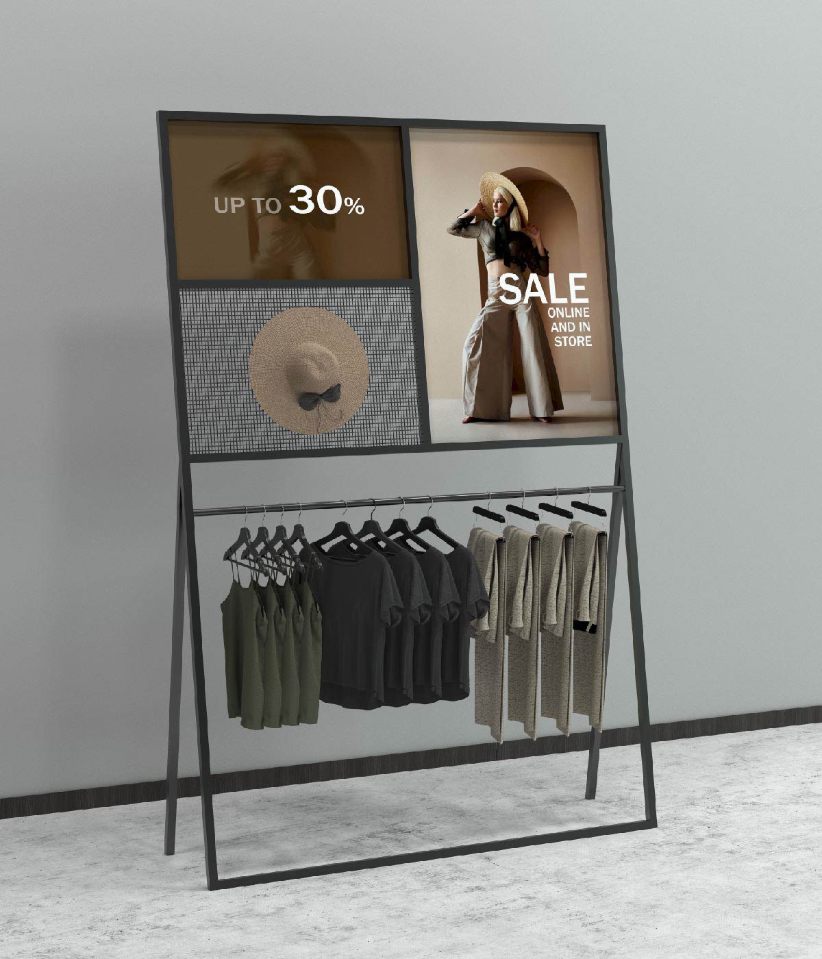 広告スペース付きの金属フレームアパレルディスプレイスタンド - ブティック、メゾン、アパレルショップに最適