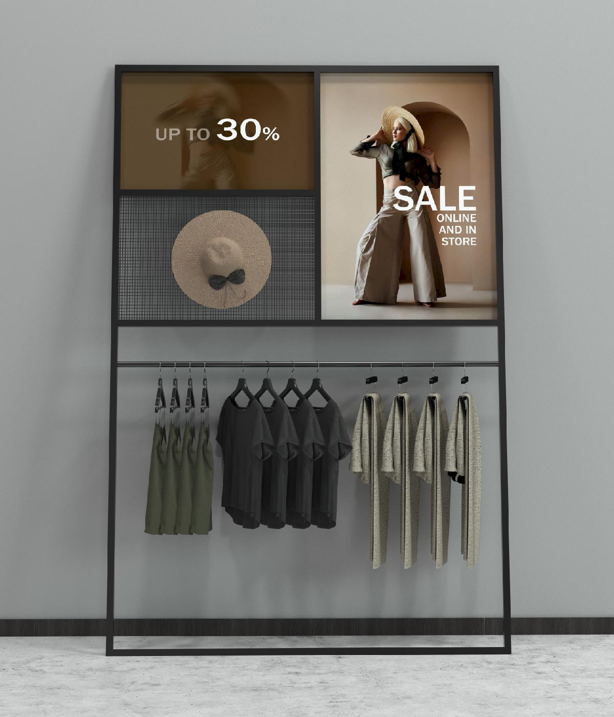 広告スペース付きの金属フレームアパレルディスプレイスタンド - ブティック、メゾン、アパレルショップに最適