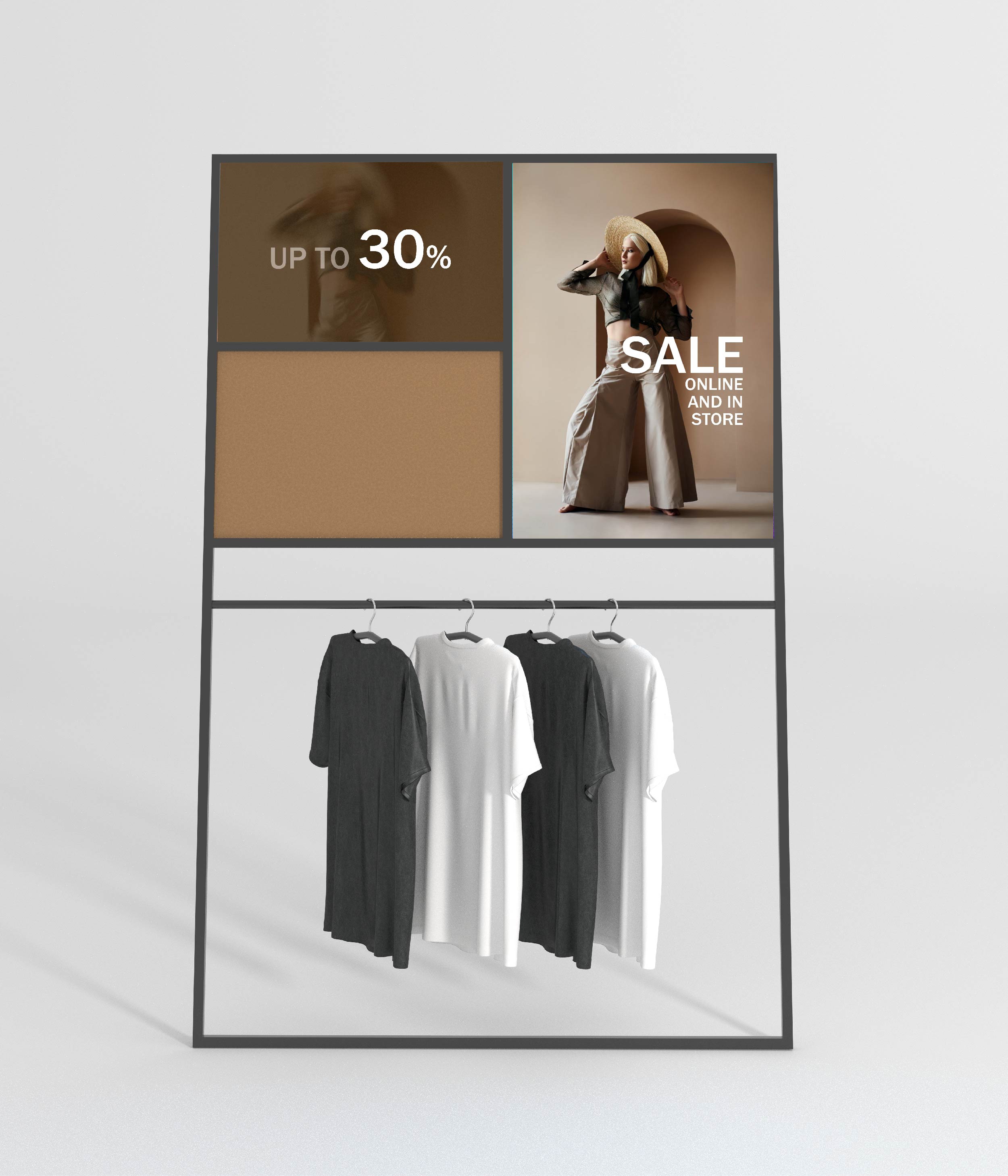 広告スペース付きの金属フレームアパレルディスプレイスタンド - ブティック、メゾン、アパレルショップに最適