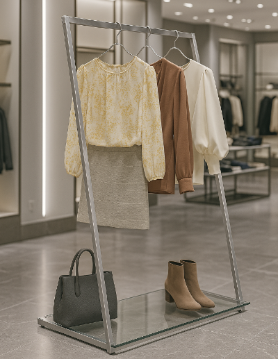 シルバーフレームのハンガーラックに洋服とバッグを展示したショップディスプレイ