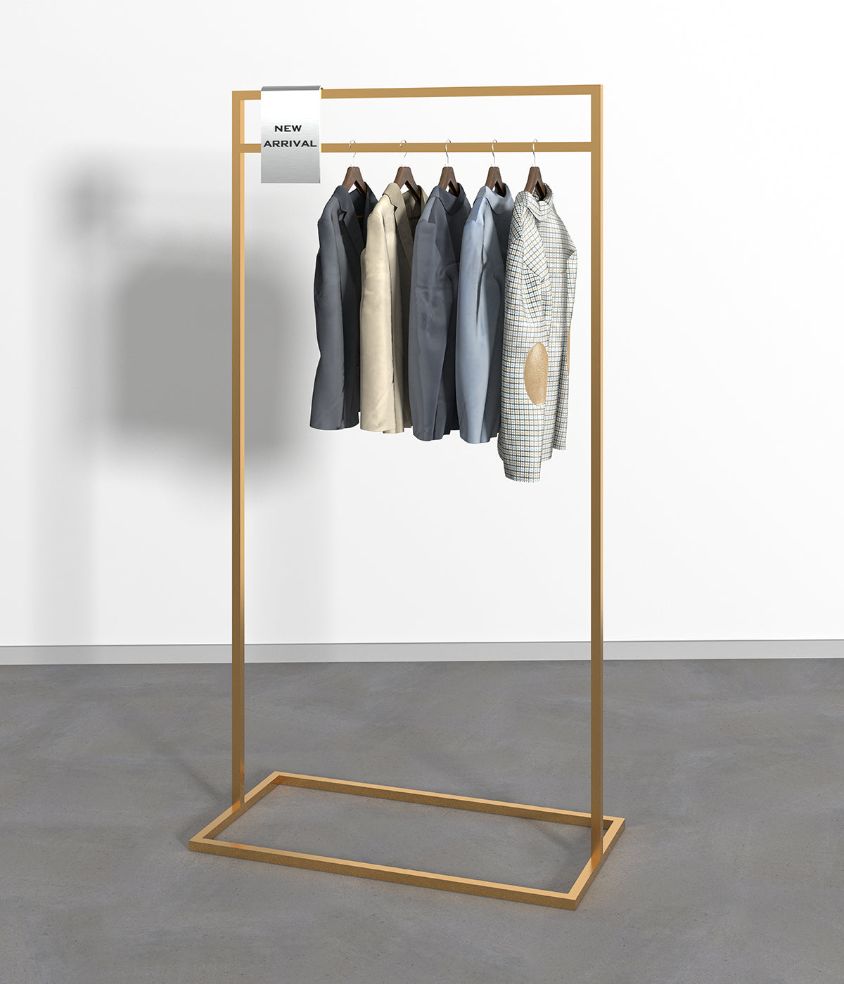 下部に棚を備えたゴールドハンガーラック|衣類を掛けて使用できるミニマルデザインの洋服ラック