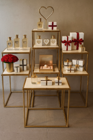 温かみのある棚にバレンタインギフトやデコレーションを並べた店内ディスプレイ