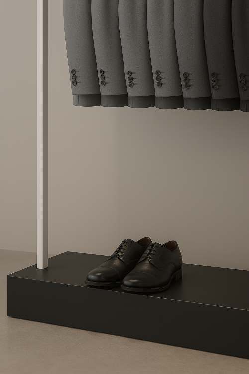白フレームとブラックベースのハンガーラック下に置かれた革靴のディスプレイ