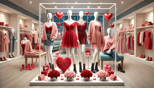 バレンタインのテーマに合わせた洋服店のマネキンと商品：デザインと顧客の魅力