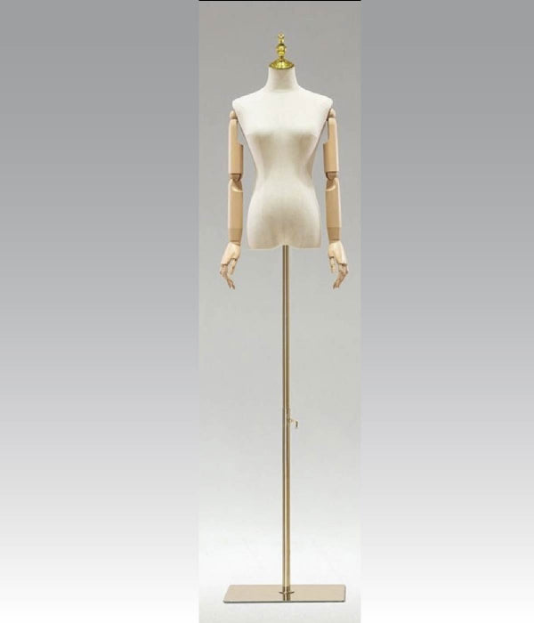 木製腕付き布張りトルソーマネキン全身ビュー｜高さ調整可能・ホワイト背景ディスプレイ