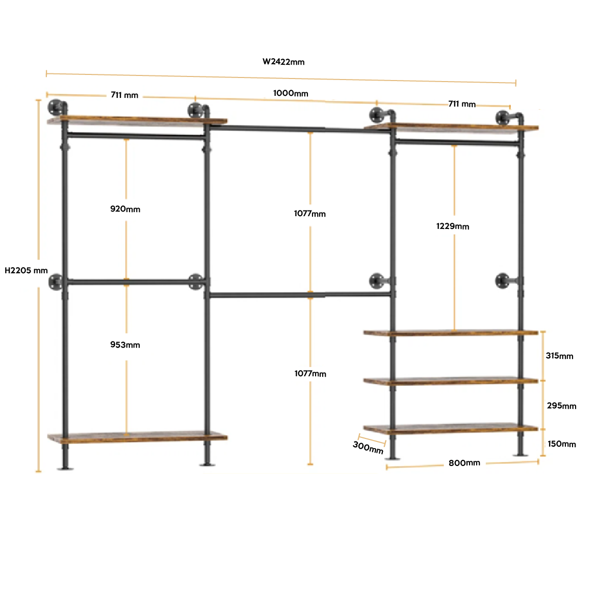 店舗用 ウォールマウント クローゼットシステム（5連・木製棚付き）2612