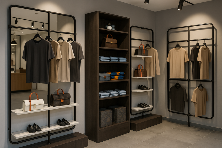 高級アパレルショップのディスプレイ空間｜ダークウッド棚とハンガーラックに洋服・バッグ・シューズを配置したモダンな店舗レイアウト