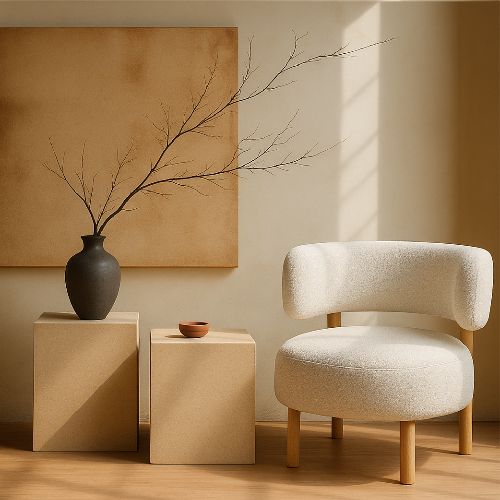 ベージュ系インテリア空間に配置されたモダンチェア｜花瓶と装飾棚を合わせたスタイリング例