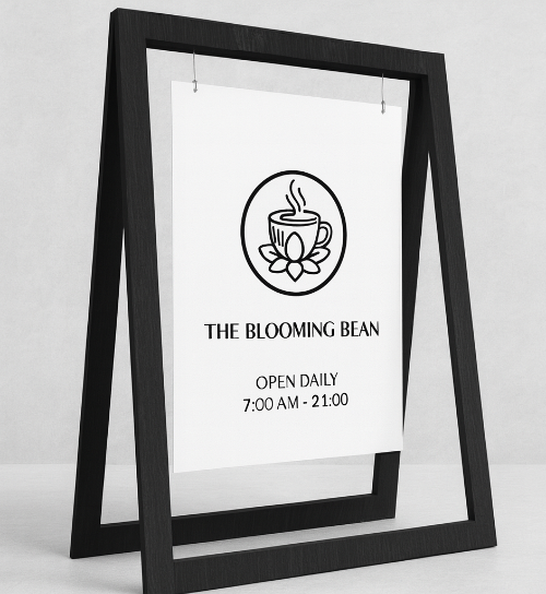 ブラックA型サインボードの正面モックアップ｜飲食店やショップ向けのスタンド看板デザイン