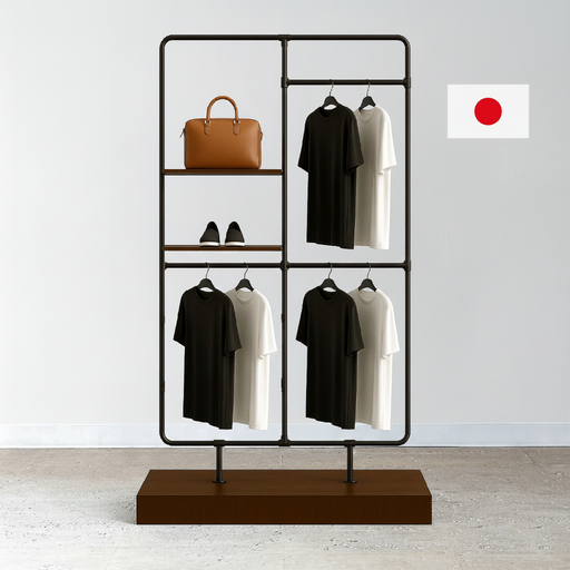 木製ベースに設置された両面ハンガーラック｜ブラックとホワイトのTシャツを整然と陳列したアパレルディスプレイ什器