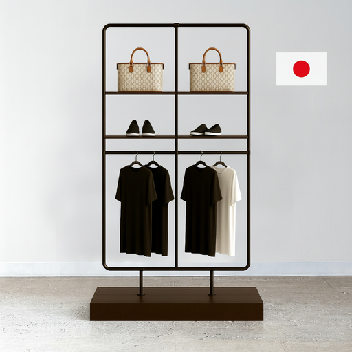 ブラックとホワイトのTシャツを整然と陳列したアパレルディスプレイ什器