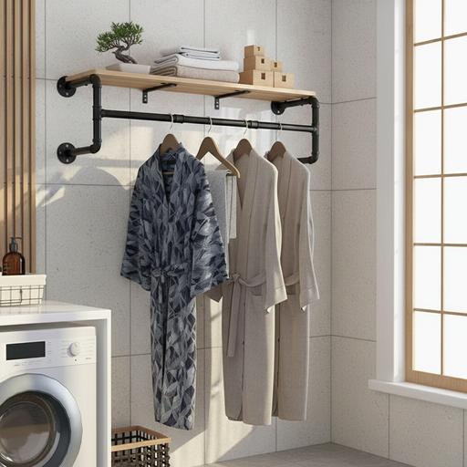 店舗用 ウォールマウント ハンガーラック（木製棚付き）2628