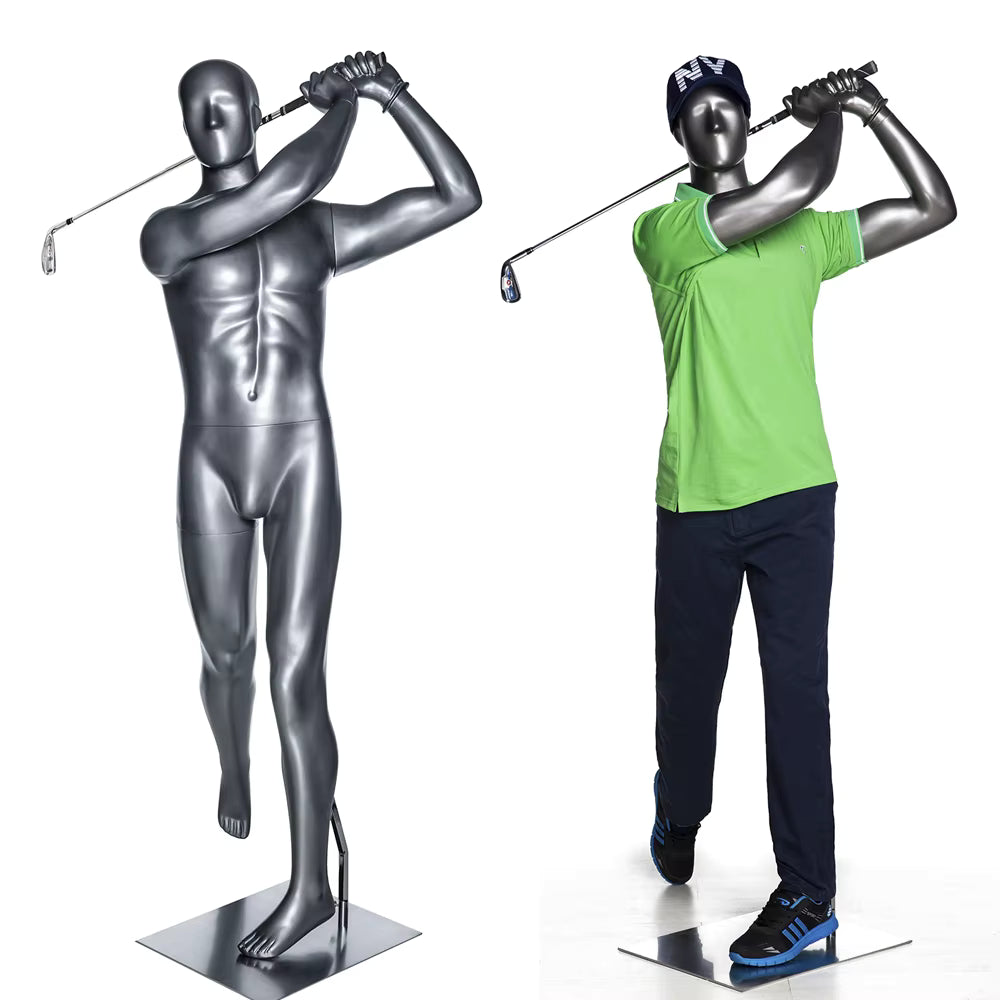 ゴルフスイングポーズの男性マネキン｜全身正面ビュー