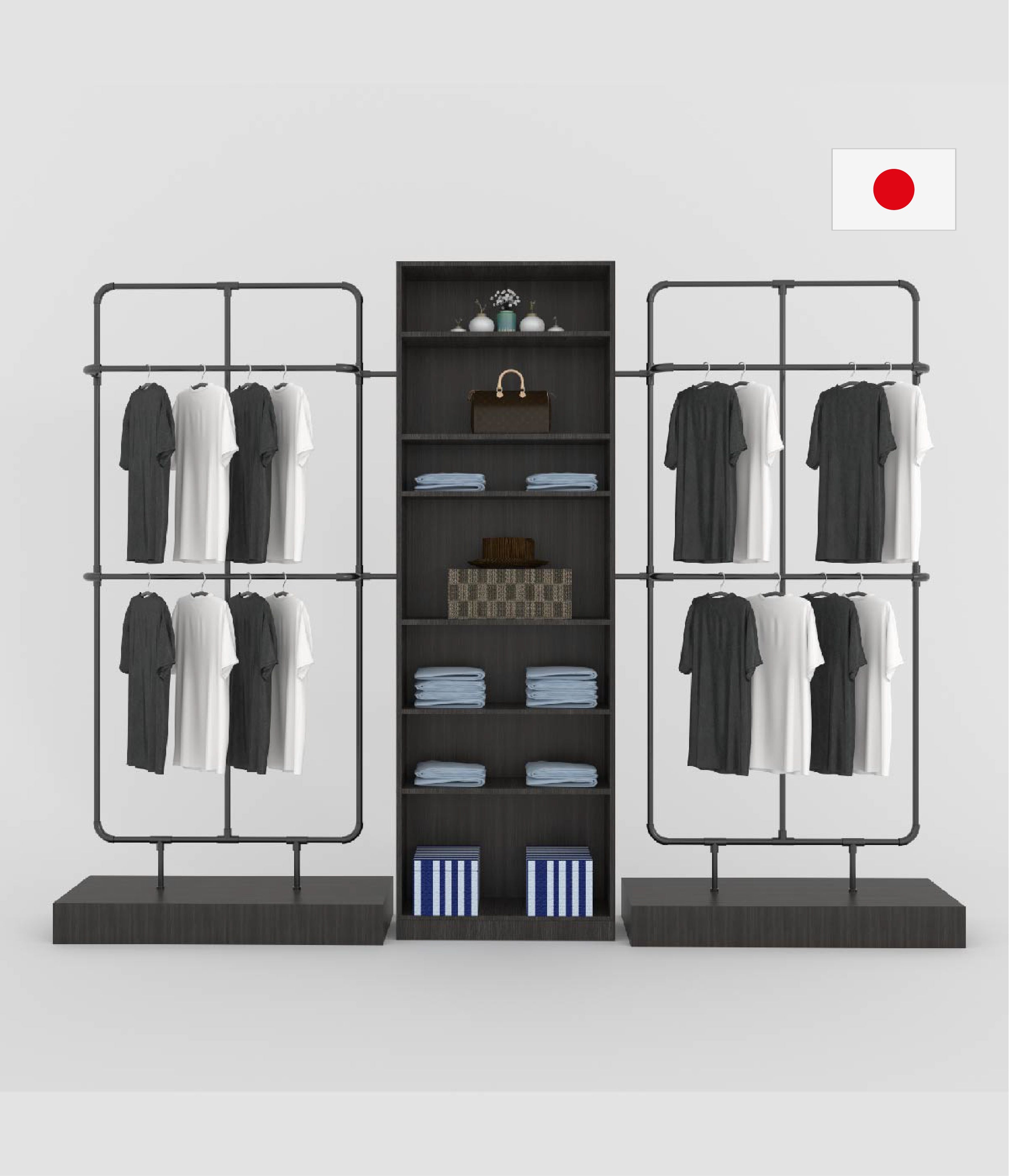モジュール式店舗ディスプレイ什器 シェルフ付きハンガーラック アパレル陳列棚セット