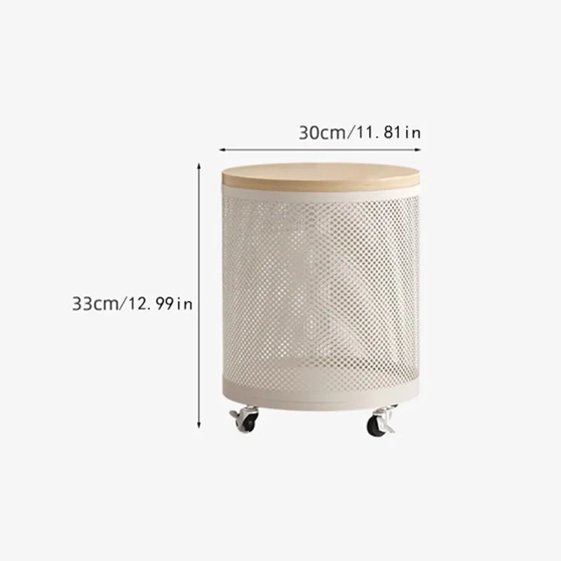 ラウンドメッシュ収納サイドテーブル 直径30cm キャスター付き コンパクト収納テーブル 店舗什器 商品展示台 インテリア収納家具 ホワイトメッシュキャビネット
