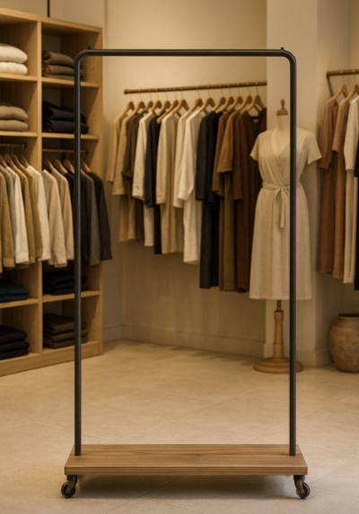 店舗用 ディスプレイハンガーラック 2611（木製棚付き）